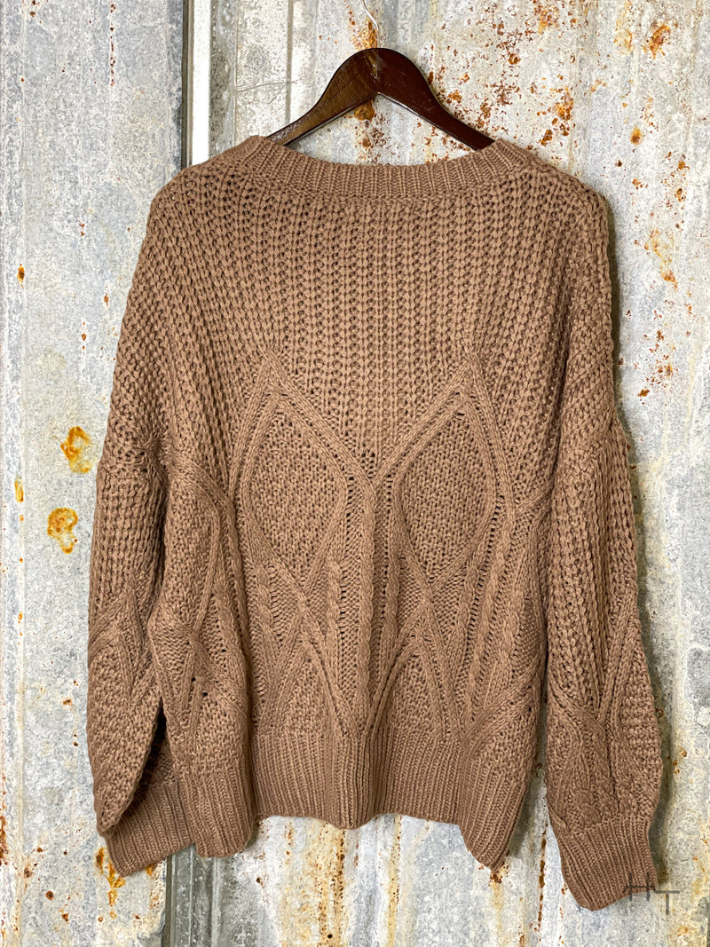 Photo of back view of mocha brown knit sweater on a hanger with tin background